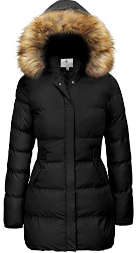 WenVen Women's Bulky Winter Thicken Jacket with Fur Trim Hood (Black,M)