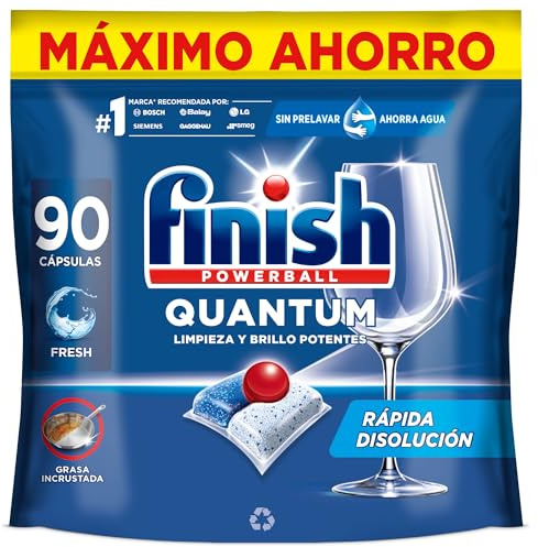 Finish Powerball Quantum All in 1 Pastillas para el lavavajillas todo en 1, limpieza profunda y brillo superior, 90 pastillas