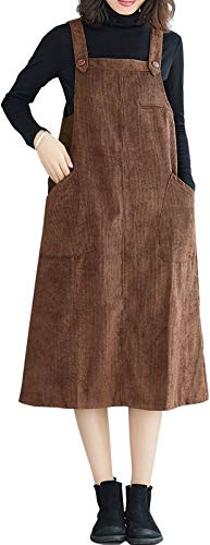 Flygo Women's Casual Mid Length Long Corduroy Jumpers Button Down Swing Overall Pinafore Dress Skirt(Coffee-XS)
