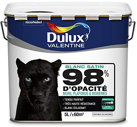 DULUX VALENTINE Peinture 98% d'Opacité - Murs, Plafonds, Boiseries - Satin Blanc 5L