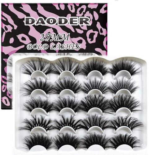 DAODER False Eyelashes 25MM Mink Lashes Dramatic Look Fluff Long Fake Eyelashes Wispy 25mm False Lashes Strip 10 Variety Pairs Mixed for Halloween Bold Makeup