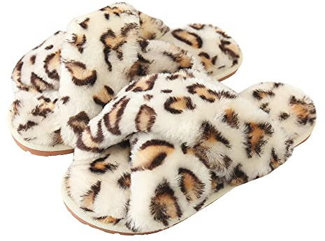 Hitopteu Pantofole Donna Peluche Casa Scarpe Bambini Invernali Slippers Ciabatte Aperta Pantofole Pelose Fluffy Infradito Bianco leopardo EU 37/38 per la dimensione dell'etichetta 38/39