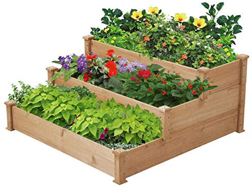 Yaheetech Carré à Plantes en Bois Carré Potager au Sol Lit de Plantation Jardinière à 3 Etages en Bois de Sapin Inoffensif pour Balcon Serre Terrasse Cour 120 x 120 x 56 cm