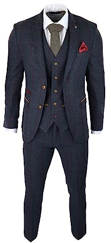 Mens Herringbone Tweed 3 Piece Navy Red Check Suit Vintage 1920s Tailored Fit - Navy 42