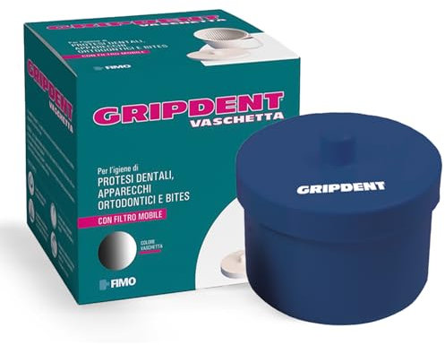 Gripdent Vaschetta Porta Protesi - Contenitore con Filtro Mobile per la Pulizia e l'Igiene di Protesi Dentali, Apparecchi Ortodontici e Bites - Colore Blu