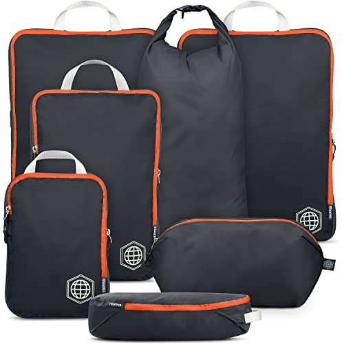 TRIPPED Travel Gear - Cubos de embalaje grandes para viajes, cubos de compresión extragrandes, organizadores de equipaje, juego de 7 piezas, ultraligeros, expandibles/bolsas de compresión para ropa