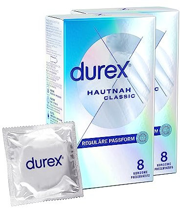 Durex Hautnah Classic Kondome – Ultra dünn, mit anatomischer Easy-On-Form & mit Silikongleitgel befeuchtet – 16er Pack (2 x 8 Stück)