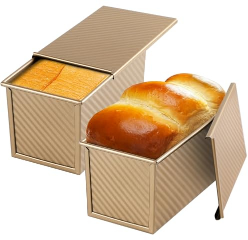 Beasea Pullman Loaf Pan 2 Pack, 1 lb Non-Stick Bread Pan with Lid Carbon Steel Gold Toast Box Mold With Cover For Bakeware Bread, Baking Tools for Oven Baking