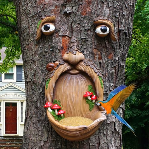 Meyas Jardín de animales salvajes, comedero para pájaros con cara de árbol, comedero para pájaros, adorno, decoración de jardín, decoración de interior, decoración de patio, comedero para pájaros