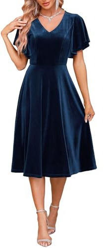 Bridesmay Women's Short Sleeve V Neck Velvet Dress 2026 Midi Cocktail Dresses for Fall Wedding Guest Plus Size Navy L