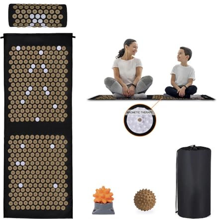 Loboo Idea Set di tappetini e cuscini per agopressione XL, set extra lungo per yoga e agopressione, per alleviare il dolore al collo e alla schiena, regalo antistress, per uomini e donne (oro, XL)