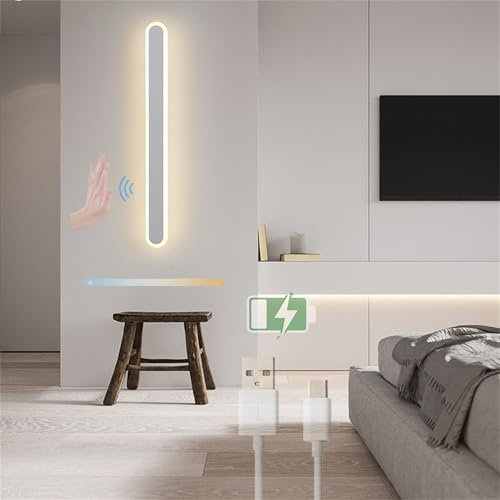 LED-vägglampa inomhus sensor handsensor vägglampa 3 färger dimbar 2 700 K-6 500 K, USB-väggbelysning, uppladdningsbart batteri, modern vägglampa, för vardagsrum sovrum (vit, 60 cm)