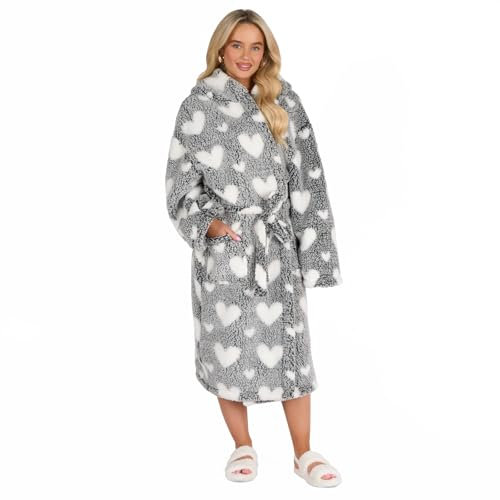 OHS Love Heart Dressing Gown, Valentines Day Gifts for Her Super Soft Teddy Fleece Dressing Gown Women Hearts Warm Cosy Marl - Black