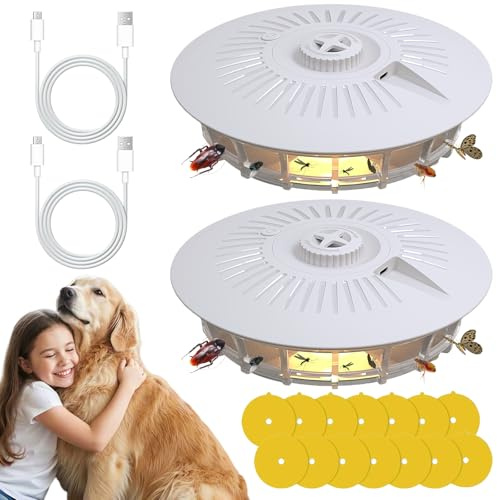 AMFUN Trappole per Pulci, 2 Pezzi Trappola per Pulci con 14 Dischi Adesivi, Lampada Elettrica Antipulci a 4 Modalità, Lampada Antipulci Non Tossica con Luce LED Calda e UV per Casa Tappeti