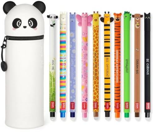 LEGAMI - Set of 10 Erasable Gel Pens + Panda 2-in-1 Pencil Case Pen Pot - with Thermosensitive Erase Ink, Range of ink colours & barrel designs, 0.7mm Tip, Set 2