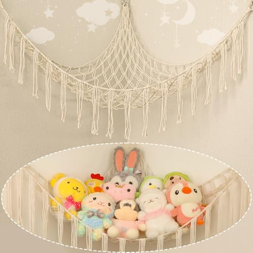 Stuffed Animal Hammock Corner, Hand-knitted Large Plushie Net Toy Hammock with Wooden Rings | Boho Cute Stuff Animal Storage for Nursery & Bedroom |Toy Organizer Holder Nursery Room Decor (White)