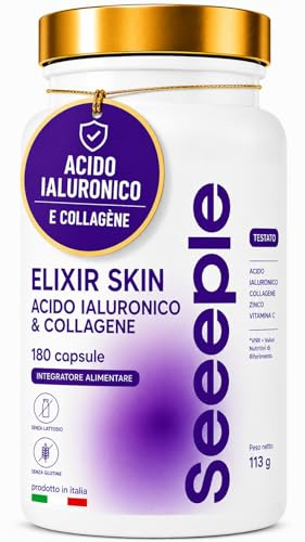 ELIXIR SKIN - Integratore con Acido Ialuronico, Collagene Idrolizzato, Coenzima Q10, Vitamina C, Vitamina E, Zinco, Senza Glutine e Lattosio - 180 Capsule - Made In Italy