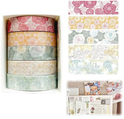 ZENQARI 5 Rotoli Washi Tape, Nastro Decorativo di Carta Giapponese con Fiori Romantici, Ideale per Bullet Journal, Artigianato Fai Da Te e Decorazioni Creative, Multicolore