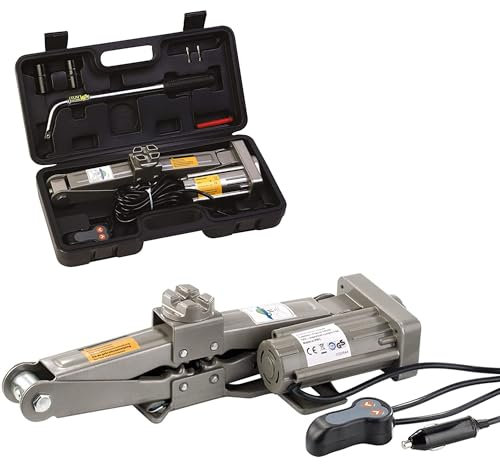 FISHTEC - Cric électrique Voiture 1500 kg, 11-34 cm, 12V Allume-Cigare, démonte-Roue, câble 3m, Mallette, Acier Robuste
