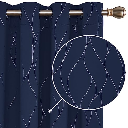 Deconovo Super Soft Dotted Line Foil Printed Thermal Insulated Blackout Curtains Window Treatment Eyelet Blackout Curtains for Boys Bedroom 46 x 72 Inch Navy Blue Two Panels