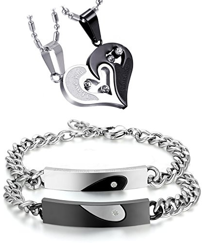 Cupimatch, set di gioielli per coppie, collane con ciondolo a puzzle in acciaio inox, bracciali dell'amicizia a maglie con zirconia, da uomo e da donna, di colore argento e nero