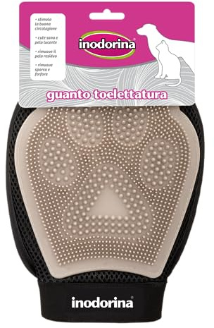 Inodorina Guanto per peli gatto e cane – Con setole morbide per toelettatura – Districa e rimuove il pelo in eccesso – Stimola la circolazione e lucida il manto nei periodi di muta
