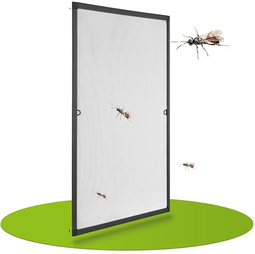 Juskys Fliegengitter für Fenster mit Alu Rahmen 80 x 100 cm - Montage ohne Bohren - zum Einhängen - Insektenschutz Mückenschutz Fliegenschutzgitter - grau