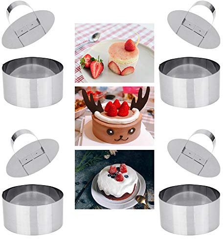 DECARETA Speisering Set mit Stampfer 4 Stücke Runde Dessertring Tortenring aus Edelstahl für Süßes Kuchen, silber, 8 x8x 4cm