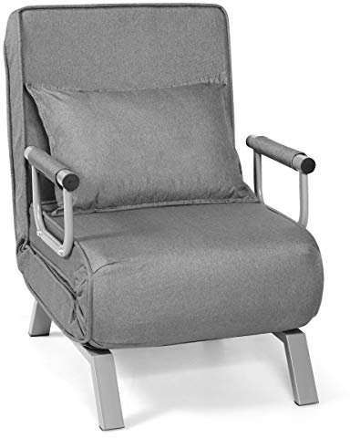 GIANTEX Fällstol, sjalfåtölj med sängfunktion, soffa med sovfunktion, hopfällbar soffa, fåtölj, gästsäng med kudde, bäddsoffa med justerbart ryggstöd, enkelsoffa, sängfåtölj, grå