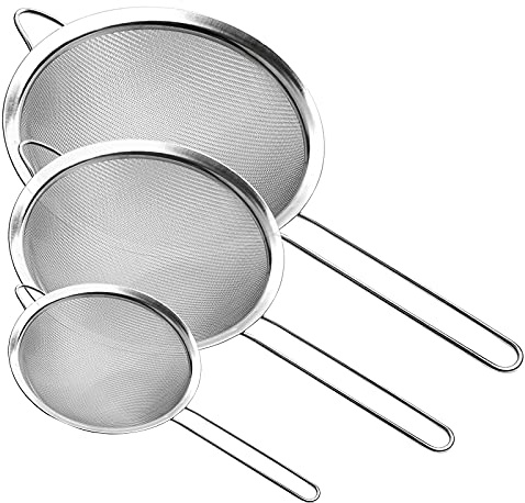 Supercenter Fine Mesh Strainer, Stainless Steel Fine Mesh Sieve, Set of 3 Small Strainers Fine Mesh for Kitchen, Silver Colander Sieve Sifter with Long Handle, 3.4, 5.8, 7.8
