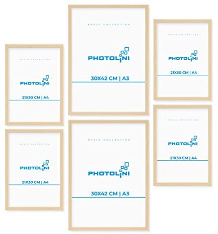 PHOTOLINI Bilderrahmen Set verschiedene Größen, 6 Bilderrahmen Holz MDF Natur, Bilder Rahmen mit Acrylglas, No.7 Bilderrahmenset zum Aufhängen, Fotorahmen Set mit Zubehör für Fotos & Poster