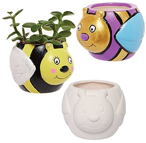 Baker Ross FC788 Bumble Bee Ceramic Flowerpots - Box of 3, Craft Kits for Kids, Plant Pot Painting, Ceramics Crafts,Green