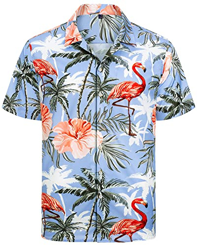 J.VER Mens Hawaiian Shirts Short Sleeve Shirt Casual Summer Beach Holiday Party Fashion Christmas Aloha Funky Flower Button Down Shirt Flamingo Light Blue L