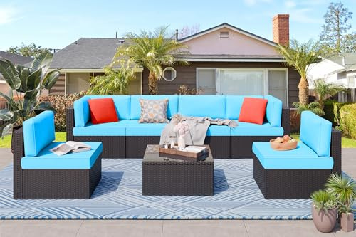 Vongrasig 7 Pieces Outdoor Patio Furniture Sets, Outdoor Sectional Rattan Sofa, PE Manual Weaving Wicker Patio Conversation Set with Cushion, Glass Table, Red Pillow (Blue)