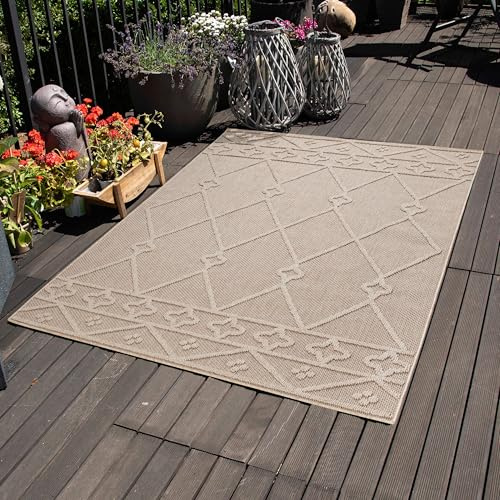 Carpettex Outdoor Teppich Wetterfest 200x300 (200 x 290 cm) Sisaloptik Beige - Ideal für Balkon, Garten, Terrasse, Camping und als Küchenteppich - Waschbarer Teppich, Berber Design, Flachgewebe