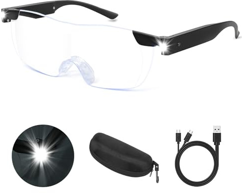 NZQXJXZ förstoringsglas med ljus, 200% förstoring, USB-uppladdningsbara LED-upplysta förstoringsglas, antiblått ljus, handsfree förstoringsglasögon för närarbete, hobbyer, läsning, hantverk