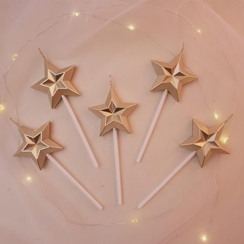 Dzxin Velas Cumpleaños, Velas de Cumpleaños en Forma de Estrella para Pastel, 5 PCS Velas de Pastel con Forma Estéreo de Color Metálico, Velas Cumpleaños Bengala, Velas de Feliz Cumpleaños (Oro)
