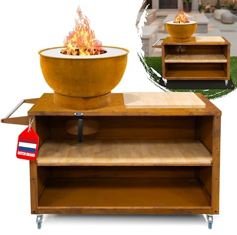 HEAT Outdoor Living Trolle Rost - Cesto da fuoco per il giardino - Botte e pozzo per il fuoco - Ciotola per il fuoco in robusto acciaio - Con plancha e griglia per cucinare - 117x46x106 cm