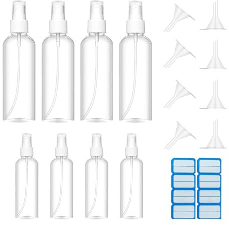 Set di Bottiglie da Viaggio, 4×100ml+4×50ml Bottigliette Riutilizzabili Spray, Flaconi Contenitori di Plastica Vuote, Trasparente Bottiglie Spray, Boccette Contenitori Liquidi per Cosmetici