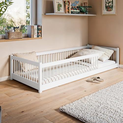 Kids Collective Kinderbett Bodenbett 80x180 cm mit Rausfallschutz & Lattenrost Montessori Bett Bed Gitterbett Kinder Jugendbett Einzelbett | Natur | von 3. bis 12. Lebensjahr