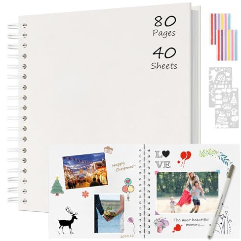 Boic Album Fotografico 24x24cm Spirale Scrapbook, Fai da Te Album Foto 80 Pagine Guestbook, Regali Nozze Natale Valentino Regalo di Anniversario Compleanno (Bianco)