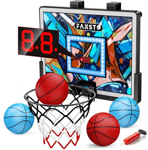 Indoor Basketball Hoop for Kids, Over The Door Basketball Hoop with LED Cheering, Anti-Impact, 2 Game Mode& Mute Mode, Mini Door Room Basketball Toy Gift with 4 Ball for 5 6 7 8 9 10 11 12 Old Boys