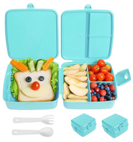 astor24 PREMIUM 2 x Set Bento-Box | 1,4 L | Brotdose Kinder mit Fächer BPA Frei | Auslaufsicher Lunchbox Brotbox für Mädchen & Jungen, Jausenbox mit Besteck für Schule (2 x Aquamarin)