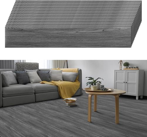 Jiubiaz PVC Bodenbelag Selbstklebend, 2.5m² Vinylboden Rutschfest wasserfest, Vinyl Fliesen Klebefliesen Boden für Küche Wohnzimmer Balkon, 91,44x15,24cm Dicke 2 mm (18 Fliesen,Dunkelgrau)