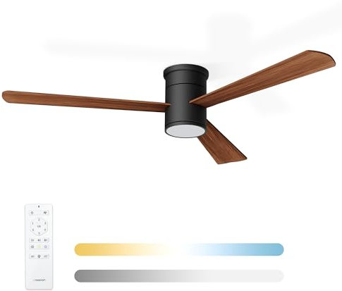 Noaton Ventilatore da Soffitto con Luce e Telecomando, Zoya, LED Dimmerabile 22,9 W, 3 Temperature di Colore, 3 Pale Legno Scuro, Timer, con Motore DC 34 W, 6 Velocità, Ø132 cm, Silenzioso