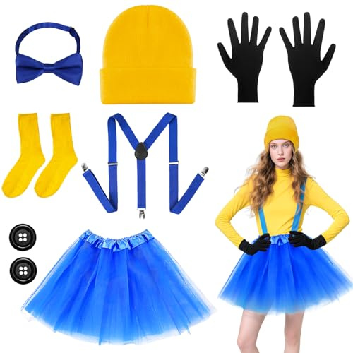 Set di 9 costumi gialli per adulti, Halloween, set di accessori per costumi gialli, con bretelle per pantaloni, papillon, cappello, guanti, gonna, bottoni per donne, uomini, carnevale, cosplay, feste