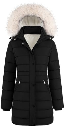 Yuson Girl Abrigos de Mujer para Invierno Chaqueta Largo Cálida Cremallera Acolchada Parka con Capucha Prueba de Viento Jacket Elegante Casual Chaquetón Exteriores con Bolsillo(Negro, L)