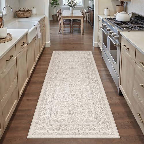 HUGEAR 2x6 Runner Rug Hallway Retro Beige Machine Washable Vintage Floral Low Pile Carpet Vacuumable Distressed Long Throw Rug Bedroom Office Bathroom Kitchen Laundry Non Slip Soft Lightweight