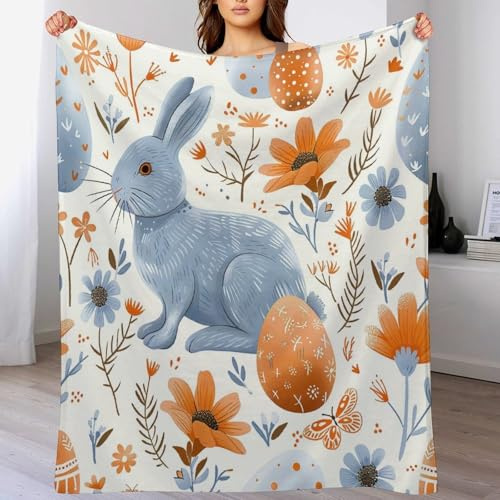 ArogGeld Rabbit Easter Eggs Wildflowers Flannel Throw Blanket 50x60in Watercolor Bunny Colorful Floral Flannel Fleece Blankets Cosy Soft Warm Sofa Throw Birthday Gift to Friend Grandparents