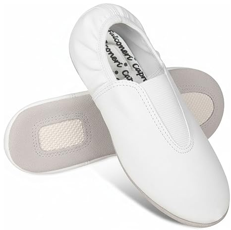 Slip On Gymnastic Shoes for Girls - Pure Leather Dance Shoe with Elastic Ankle - Front V Elastic & Suede Split Sole Ballet Flats Pumps - Black & White